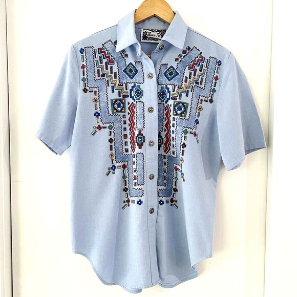 Vtg Maria No Women's Size L Aztec Native Western Boho Indie Shirt Silver Buttons - Picture 1 of 12